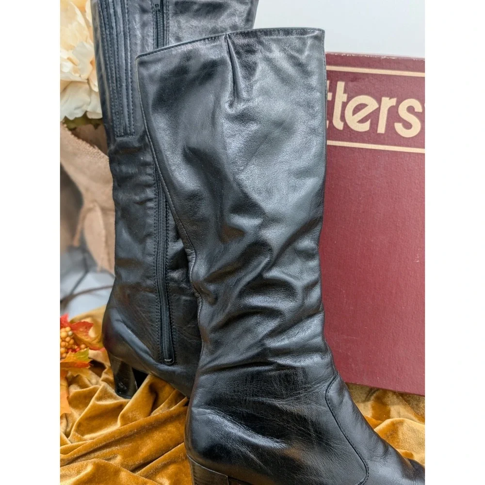 Old Maine Trotter Lancer Black Leather Knee High Boots 10 S Slim 90s Box VTG